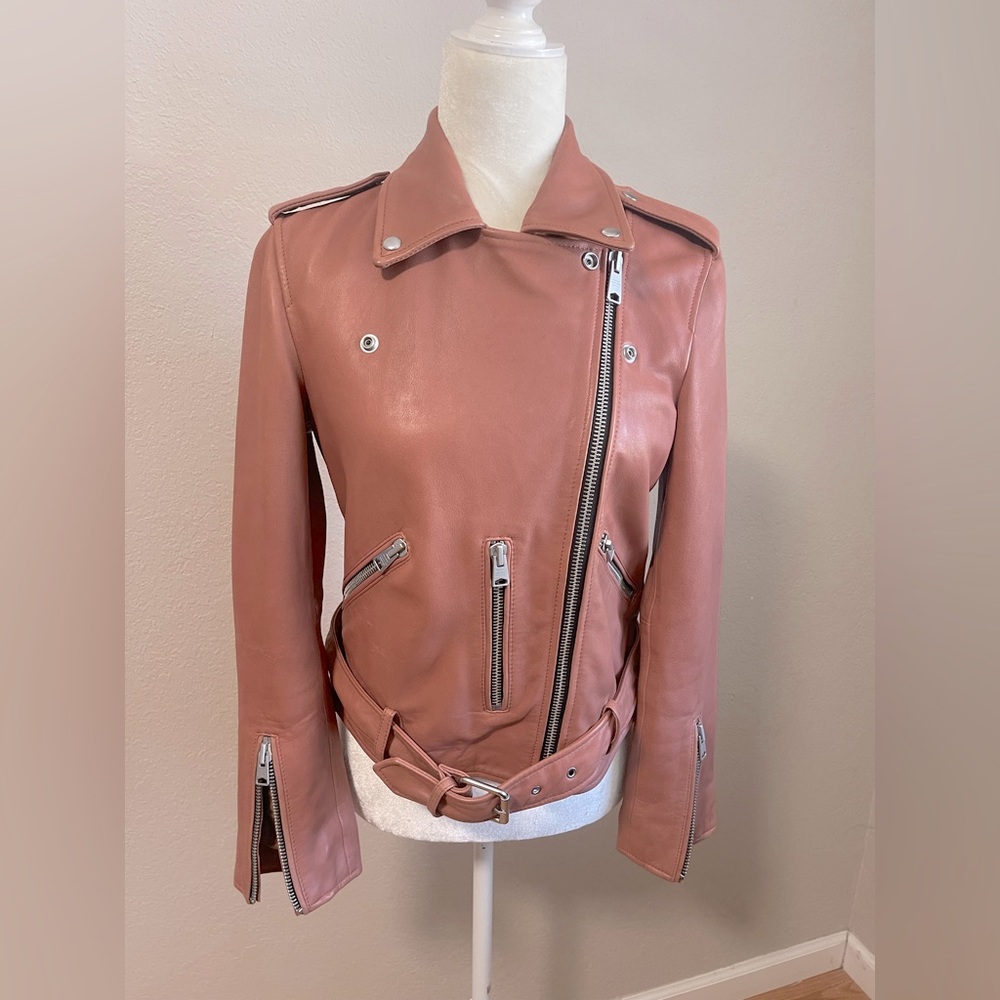 All Saints Dusty Pink Leather Jacket with Silver Accents